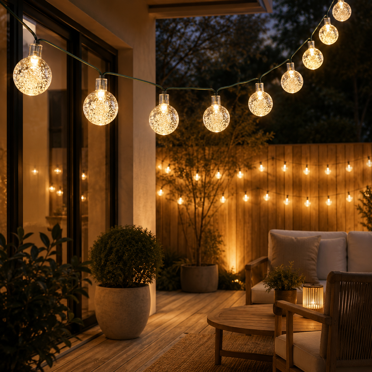 String lights illuminating a patio area with seating and plants.