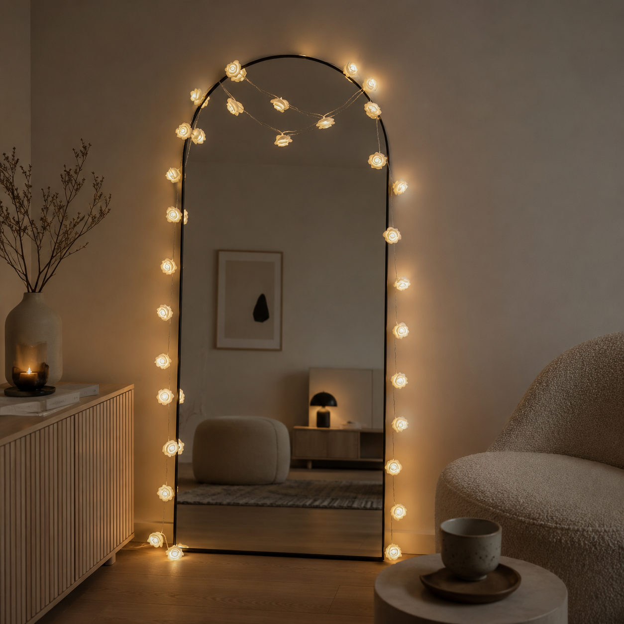 Decorative mirror with string lights in a cozy room setting.