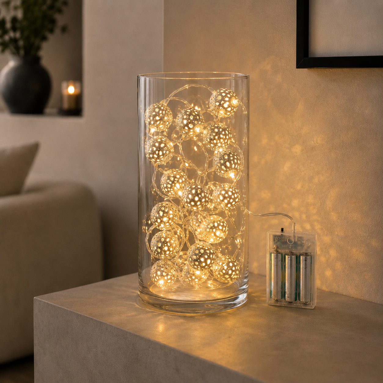 Glass vase with string lights on a table in a cozy living room setting