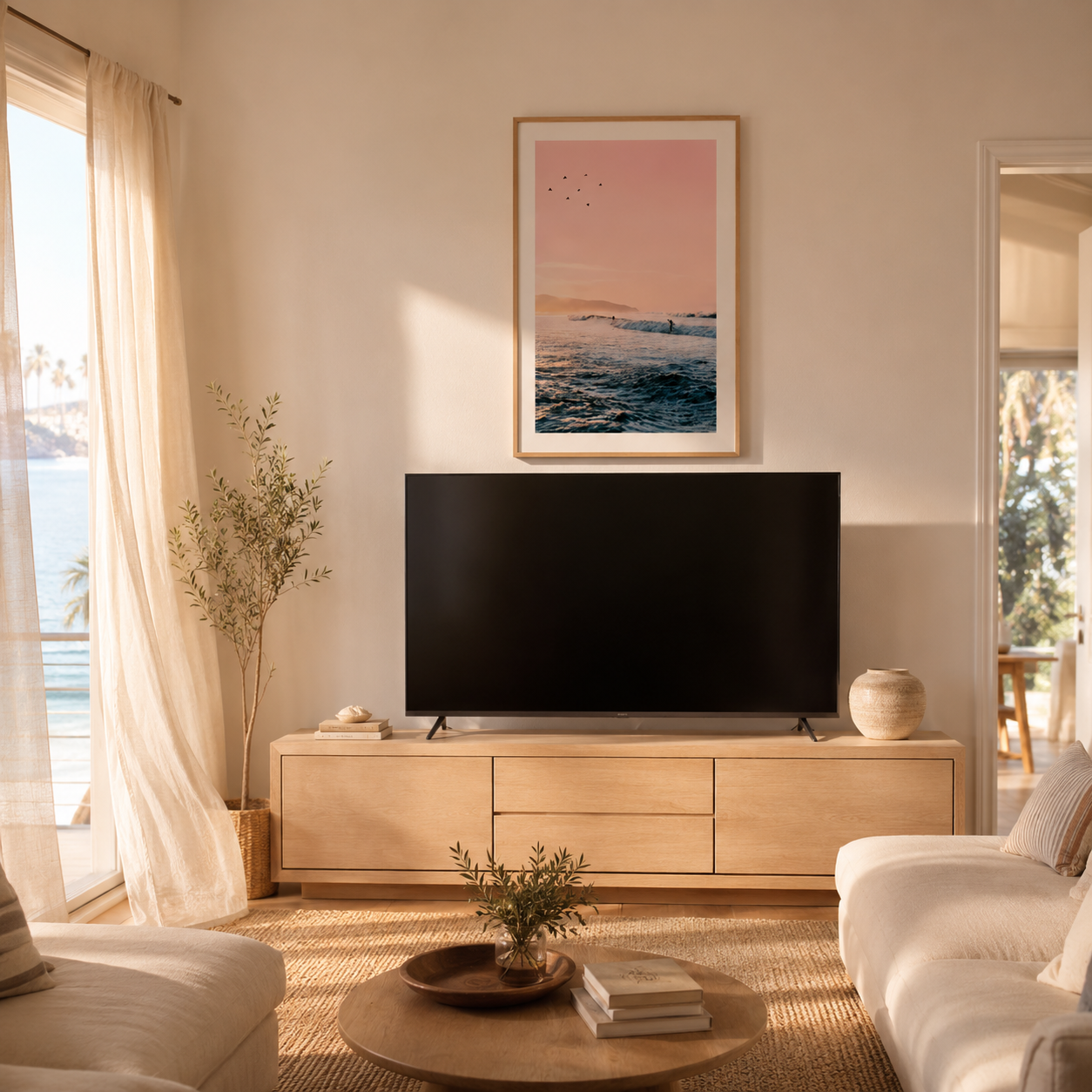 Modern living room with a television on a wooden stand, framed artwork above, and natural light coming through a window.