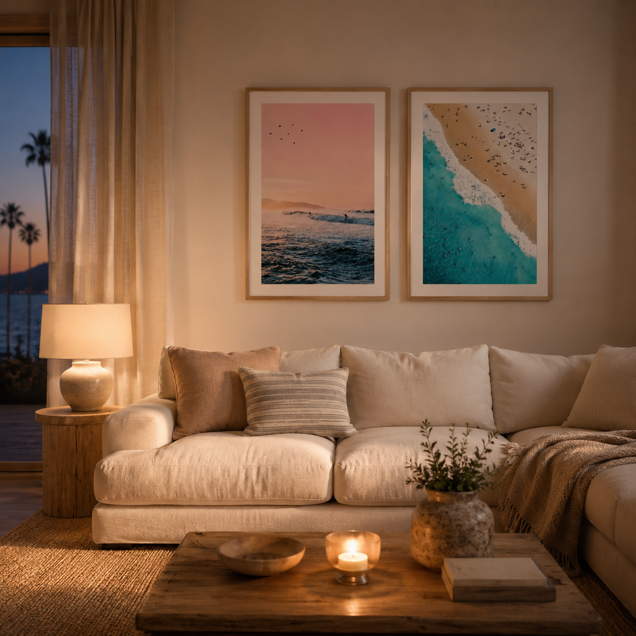 Cozy living room with a beige sofa, wooden coffee table, and wall art of ocean scenes.