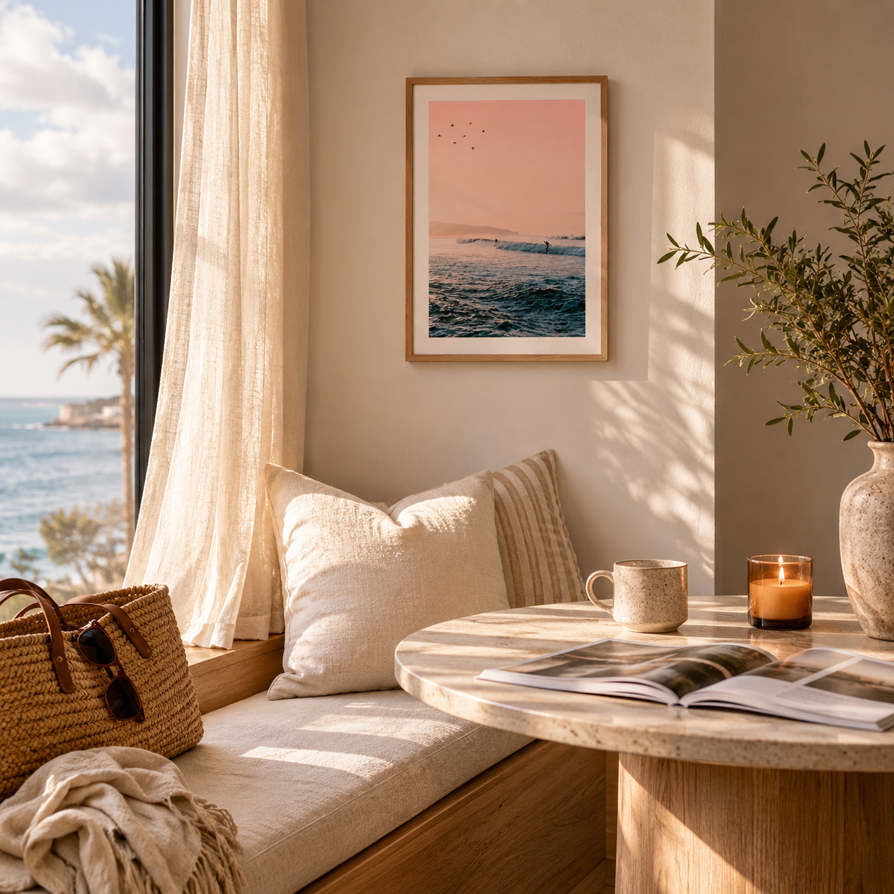 Cozy indoor setting with a window seat, table, and decorative items.
