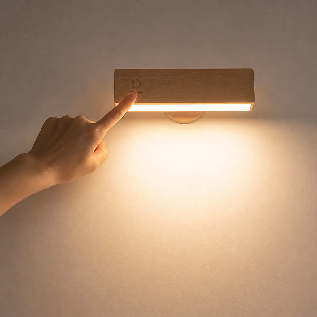 Hand pressing a wall-mounted light switch on a beige wall