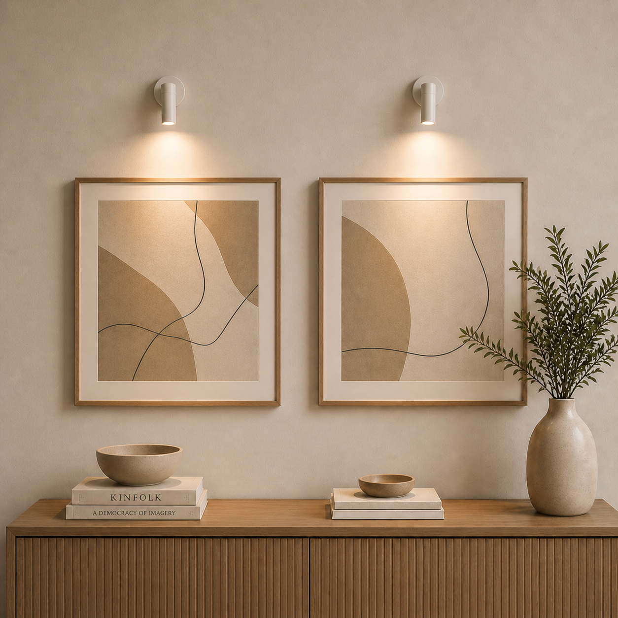 Two framed abstract artworks on a wall with a wooden console table below featuring decorative items.