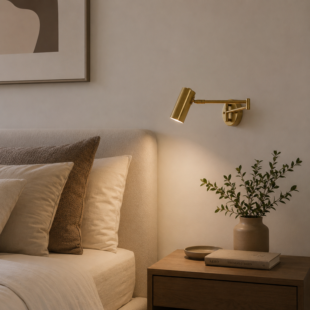 Nursery room with a lamp, plant, and books on a wooden shelf.