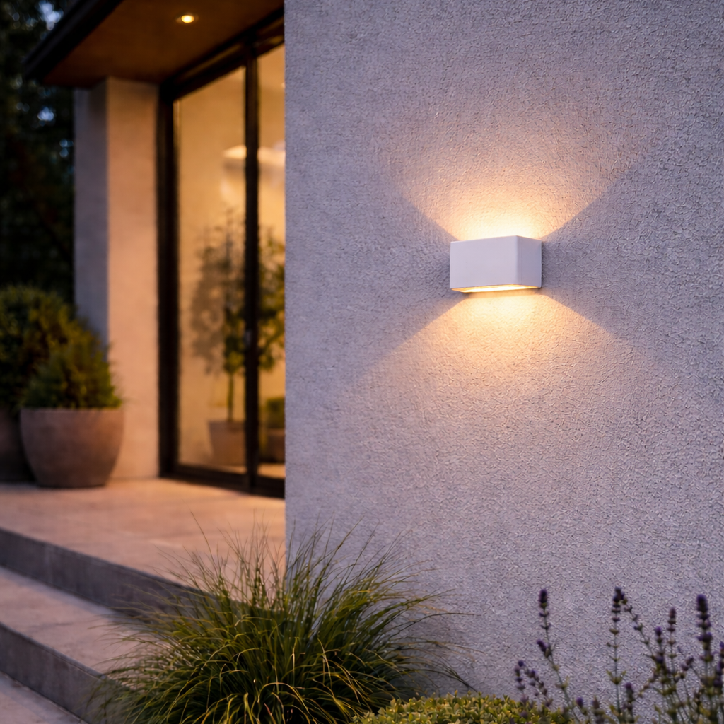 Modern outdoor wall light fixture on a house exterior with garden elements.
