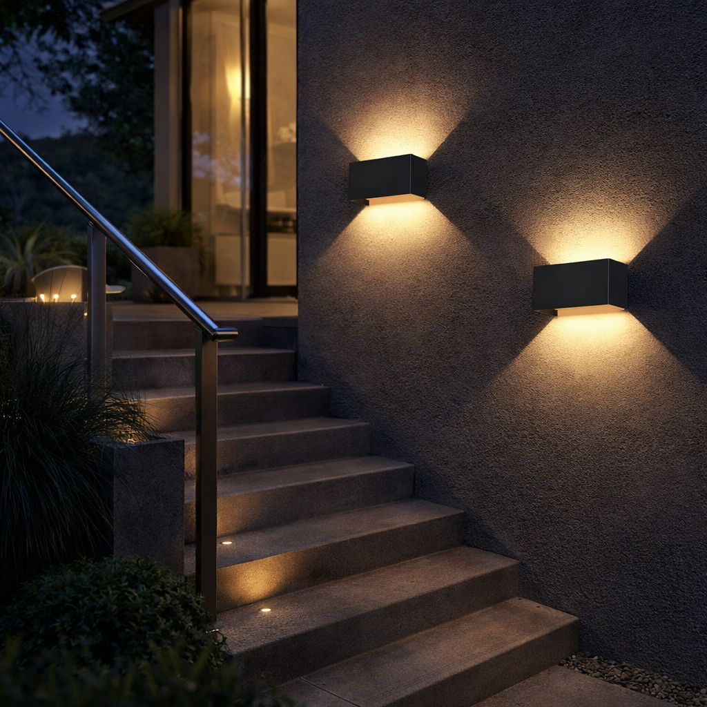 Outdoor staircase with wall-mounted lights illuminating the steps at night.