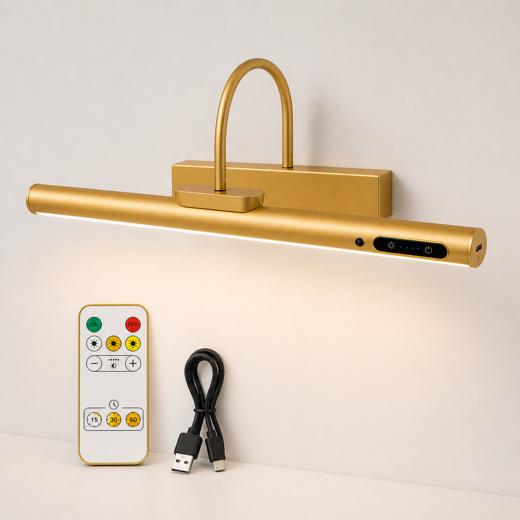 details whats in the package of the led gold lamp and remote and black charger.