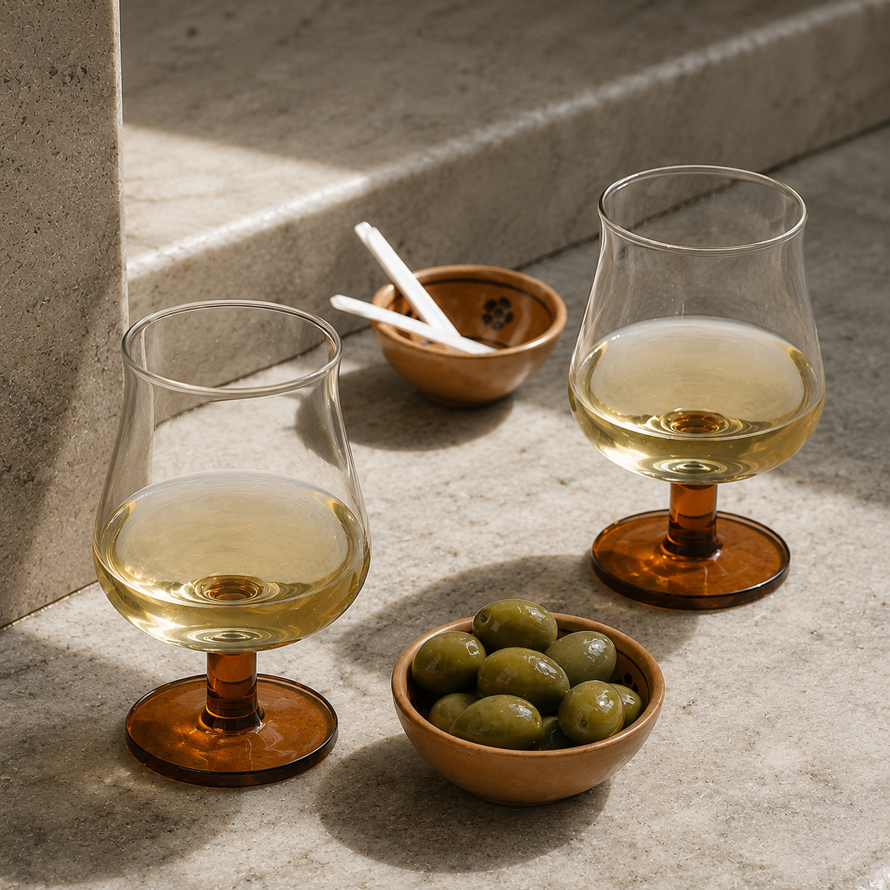 Two glasses of white wine with bowls of olives on a stone surface