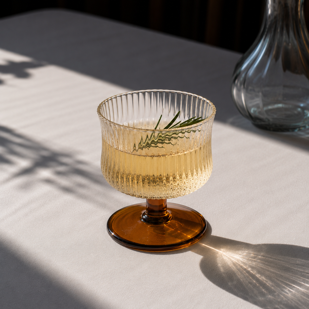 Glass with amber base and clear glass body on a light surface with a blurred background