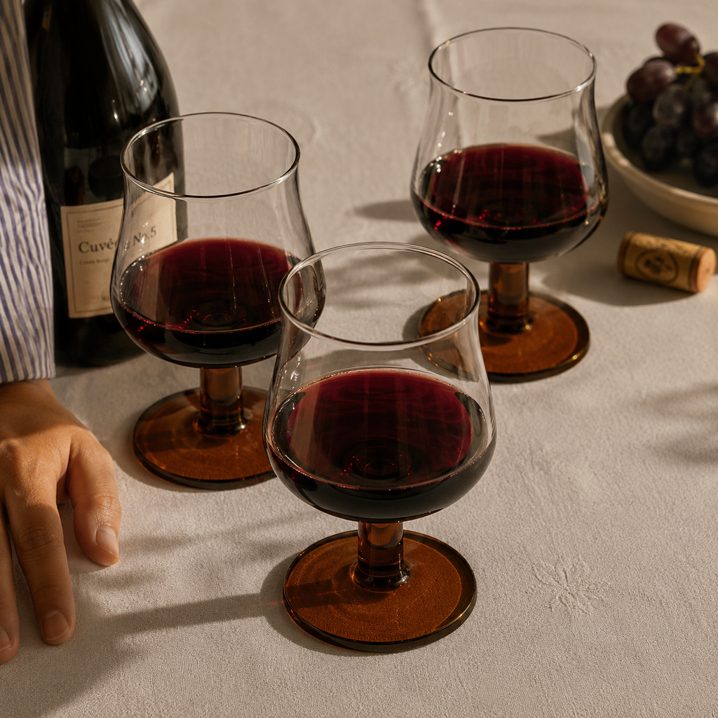 Three snifter glasses filled with red wine on a table with a bottle and bowl of grapes.