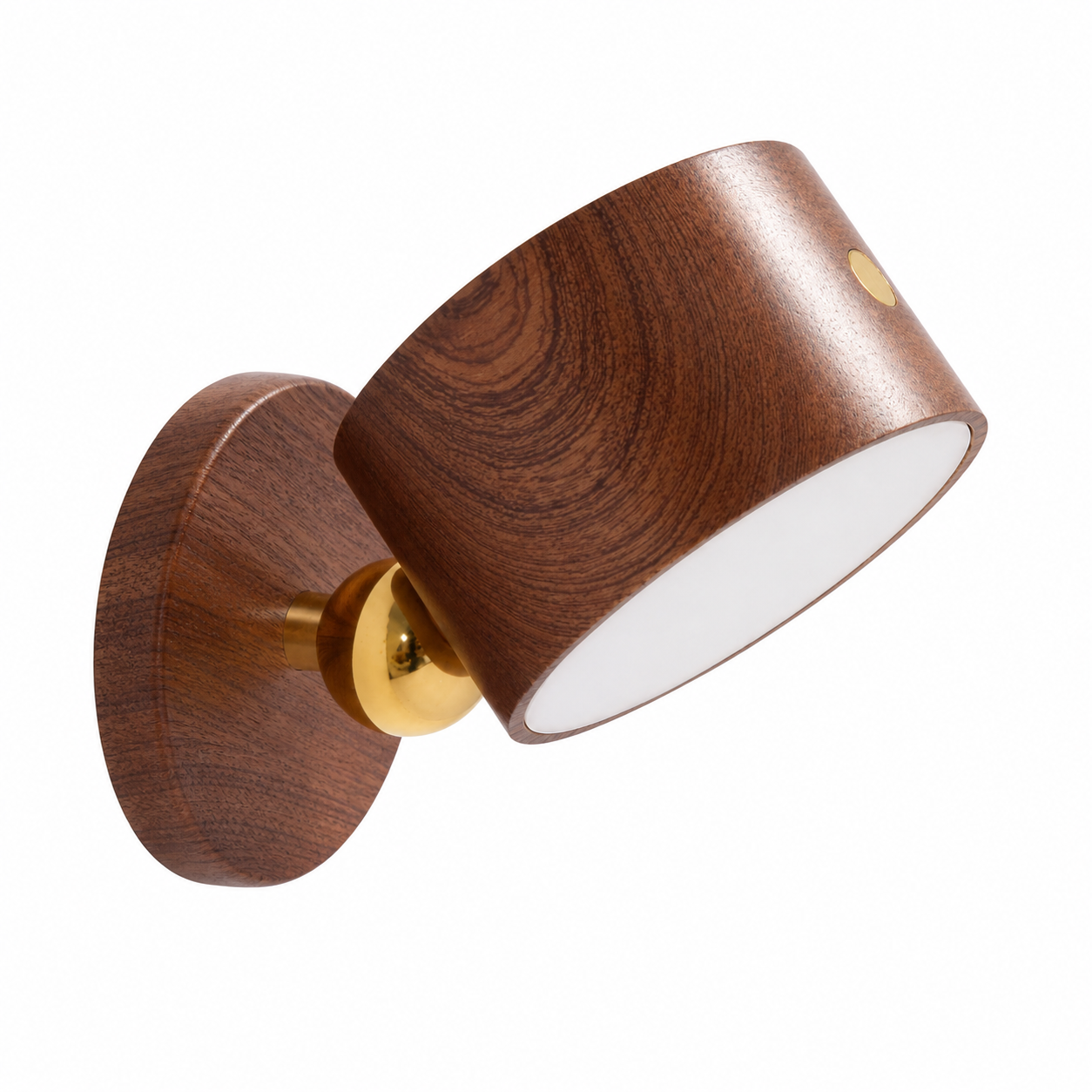 Wooden wall sconce with gold accents on a white background