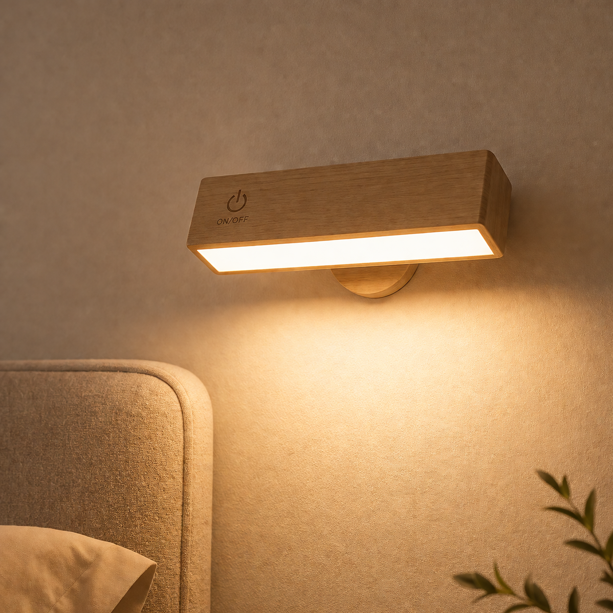 Wooden wall light fixture on a beige wall with a soft glow, next to a bed.