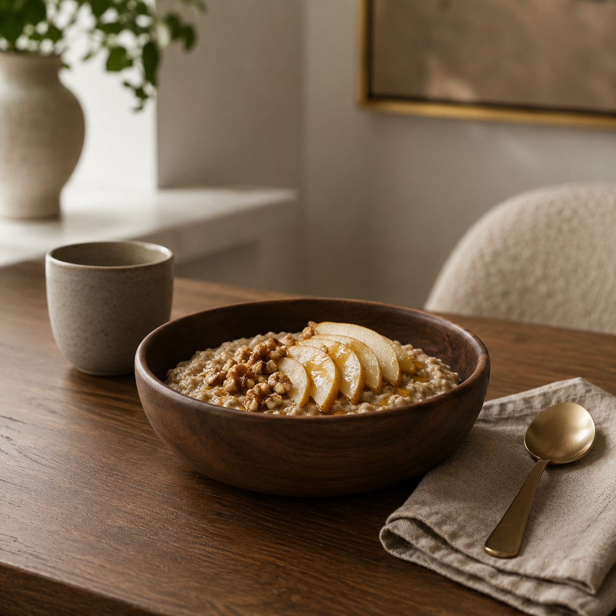 Solid Wood Serving Bowl – Natural Walnut bowl with oatmeal and apples on a diningtable. 